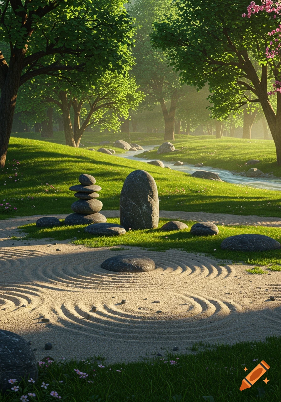 A serene zen garden with raked sand, stacked stones, a flowing stream, and lush green trees in soft sunlight.
