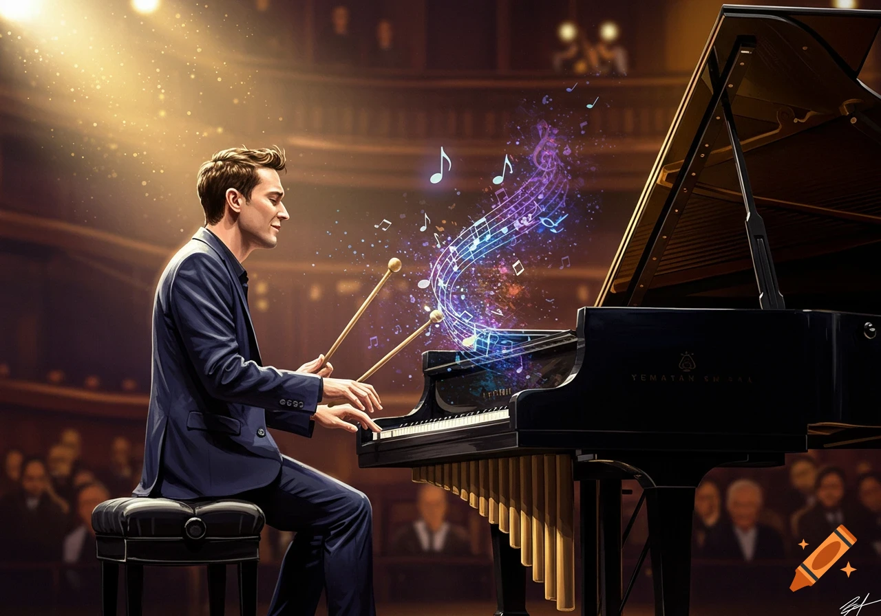 A man in a dark suit plays a grand piano on a concert stage, with glowing, colorful musical notes emanating from the keys.