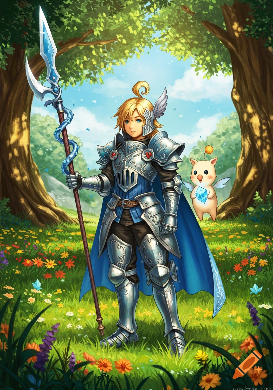 A Lilty knight in blue armor with a spiral spear stands beside a Moogle carrying a crystal in a vibrant, flower-filled meadow, in an anime style.