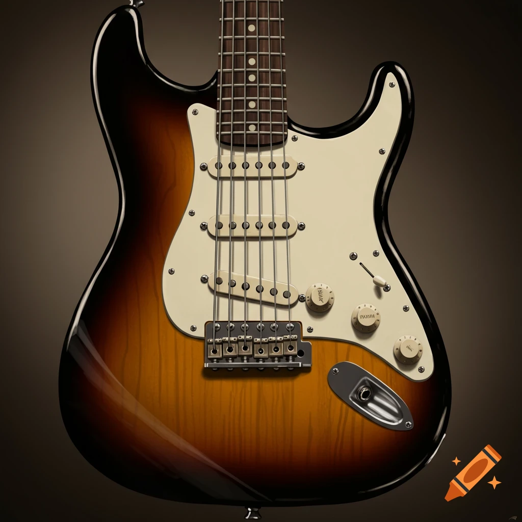 Close-up, photorealistic image of a sunburst electric guitar with a white pickguard and six strings.