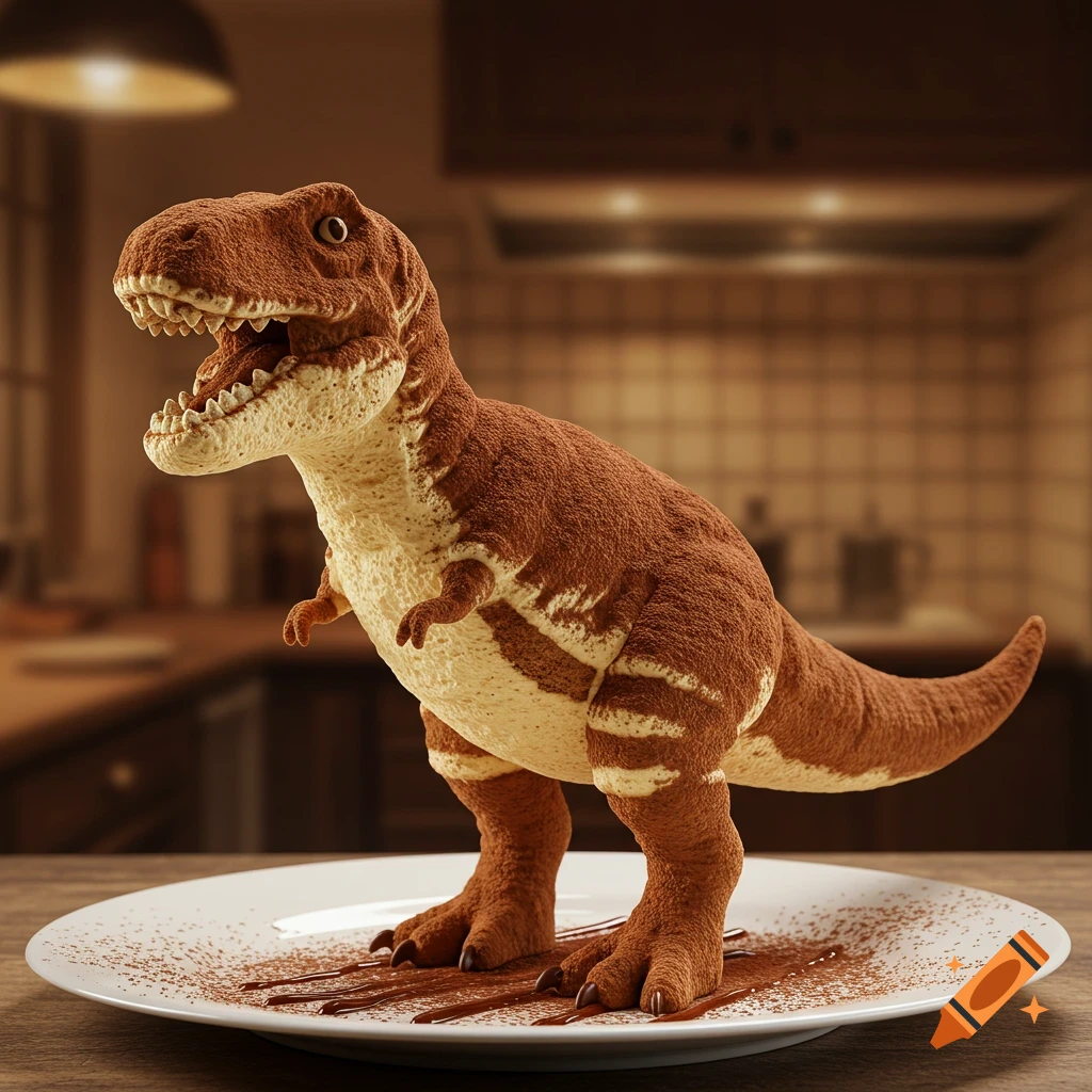 A T-Rex shaped tiramisu dessert stands on a white plate dusted with cocoa powder, in a warm, dimly lit kitchen.