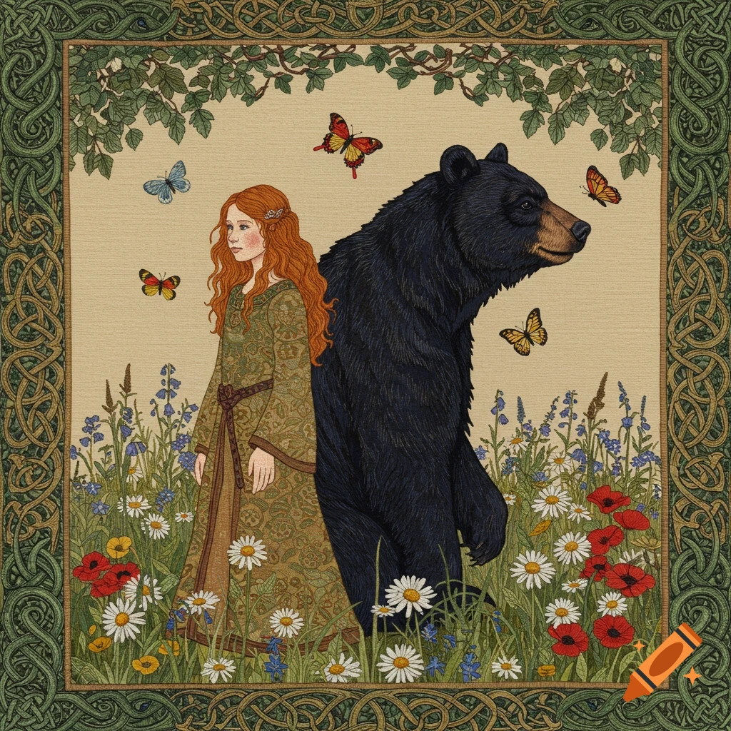 A red-haired girl and a black bear stand back to back in a field of wildflowers and butterflies, depicted in a medieval tapestry style with a Celtic knot border.