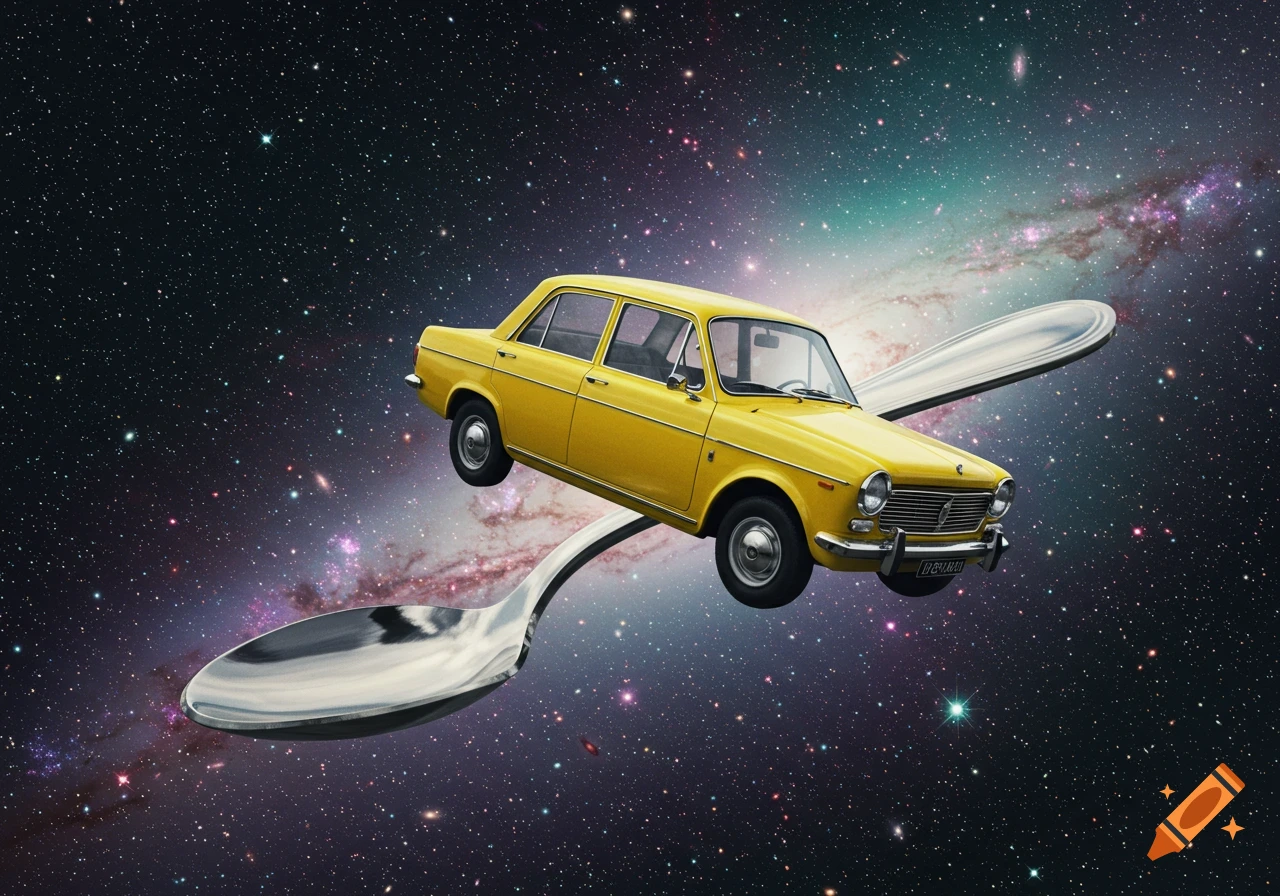 A bright yellow car floats in deep space, balanced on two giant silver spoons amidst a cosmic background of stars and galaxies.