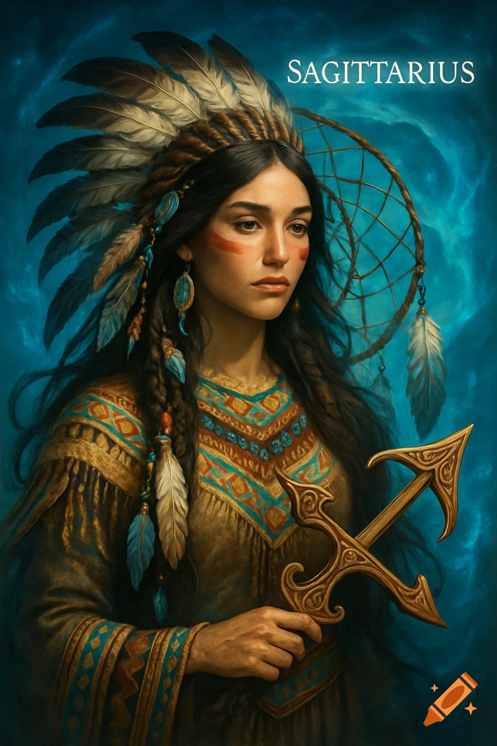 A detailed portrait of a woman in feathered Native American headdress and traditional attire, holding a golden Sagittarius bow icon, against a swirling blue background.