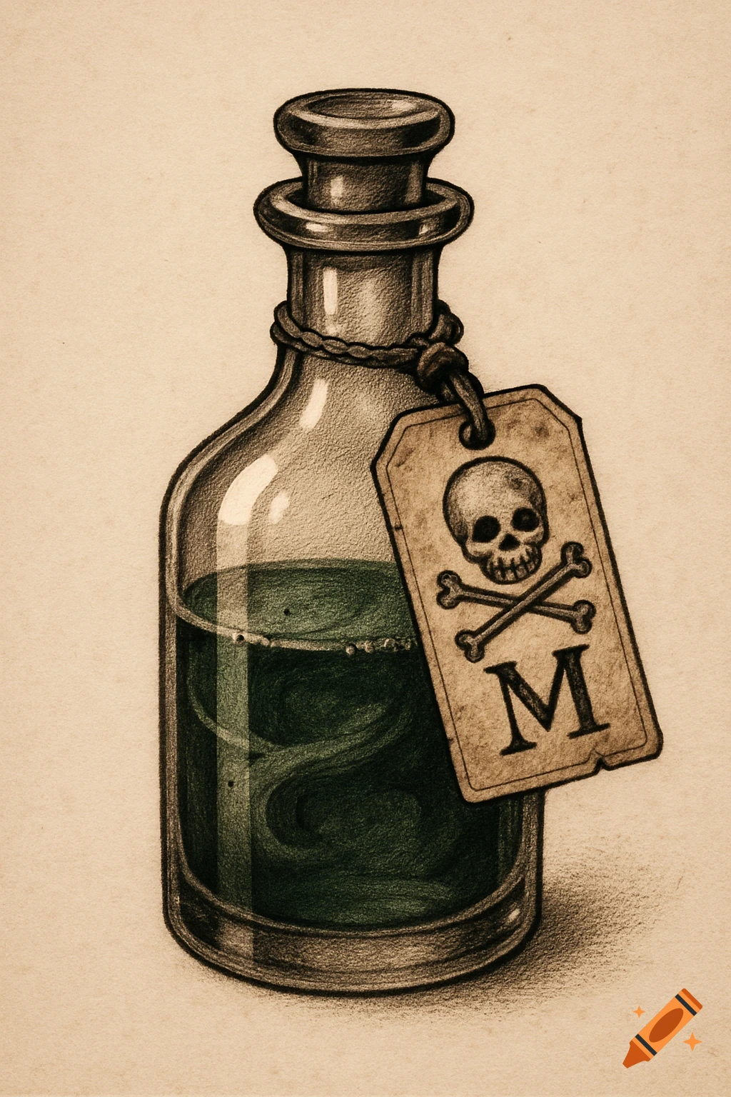A sketch of a half-full poison bottle with green liquid, featuring a label with a skull, crossbones, and the letter M.