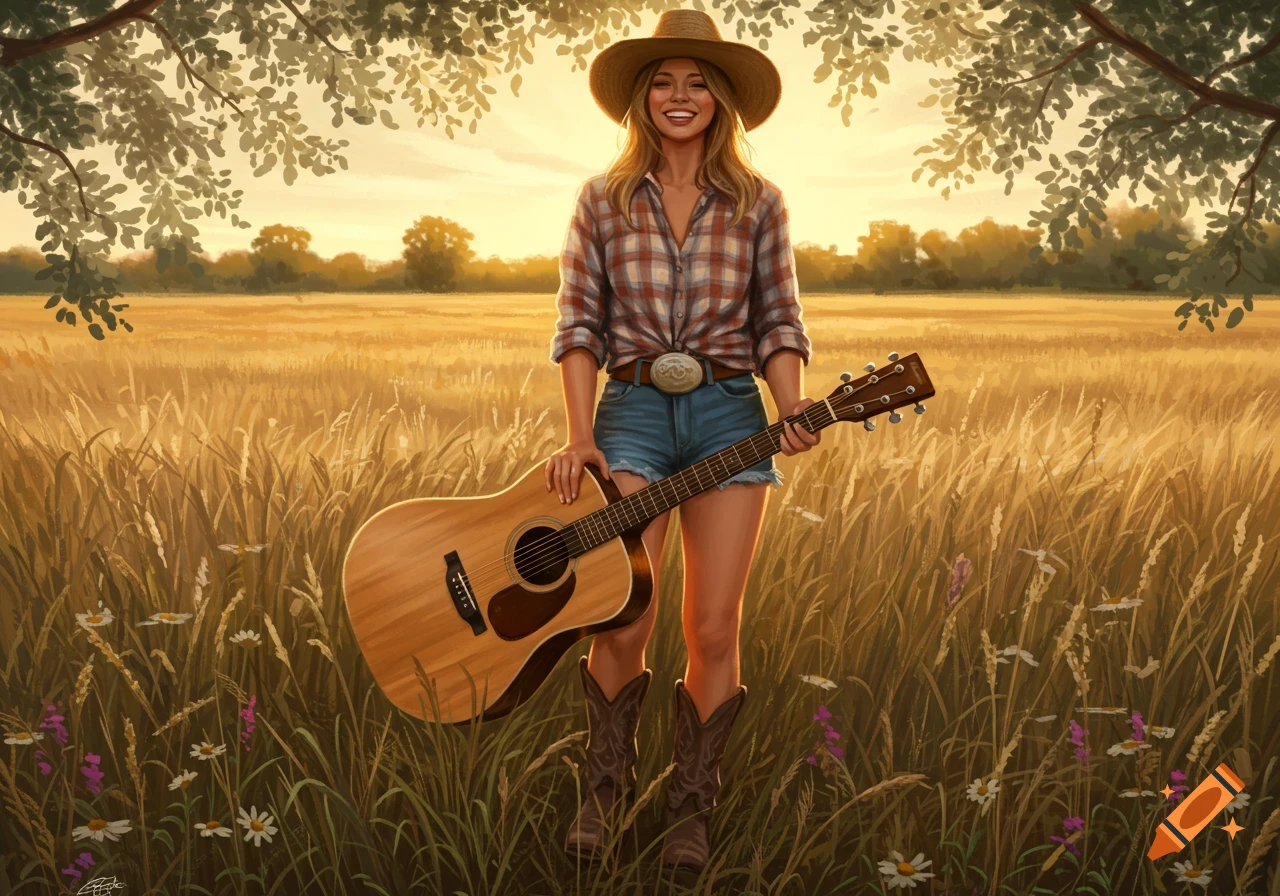 Smiling country girl in a plaid shirt and shorts, holding an acoustic guitar in a golden wheat field at sunset, illustration.