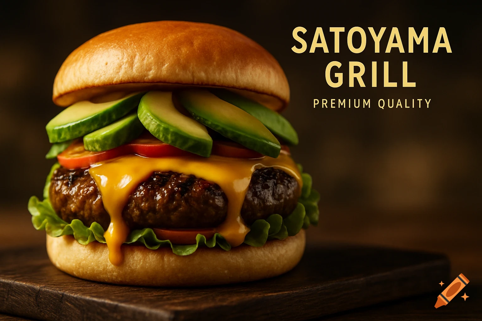 A close-up, high-contrast shot of a juicy avocado and cheese burger on a dark wooden board with 'SATAYAMA GRILL' text.