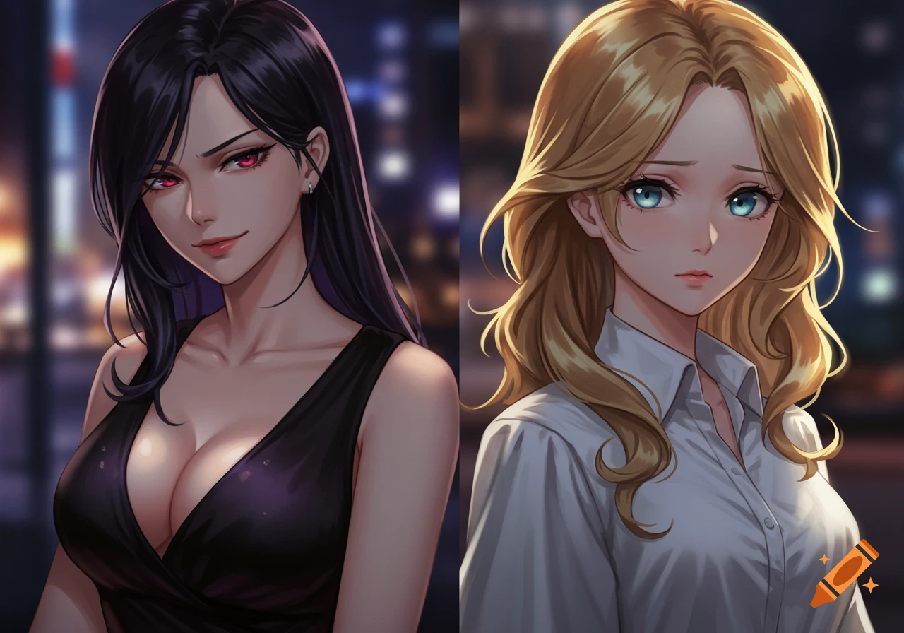 Two anime women in mirrored poses against a blurred city night background. One has long black hair, ruby eyes, and a black revealing v-neck dress. The other has wavy golden hair, light blue eyes, and a white baggy shirt.