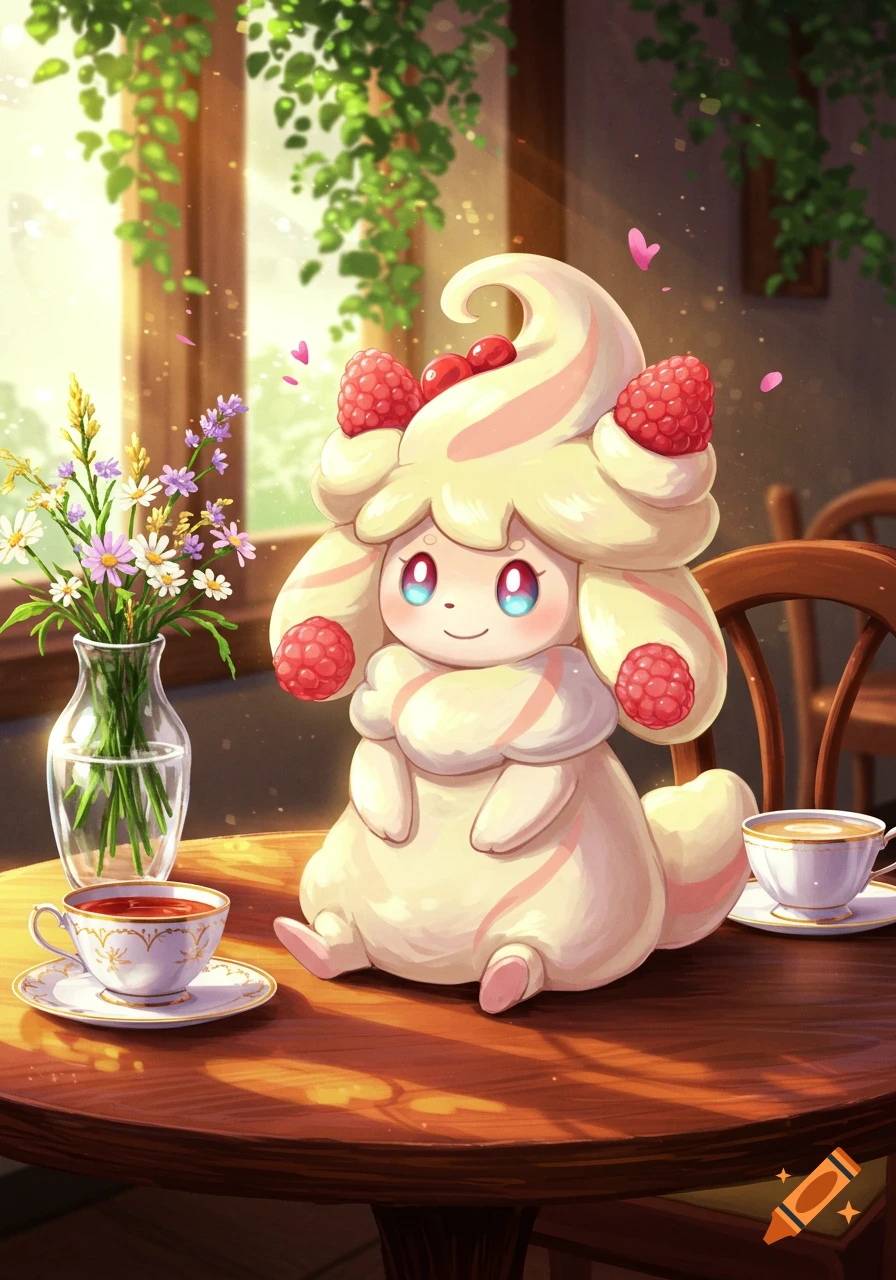 Anime illustration of the Pokemon Alcremie with raspberries, sitting at a sunlit cafe table with flowers and teacups.