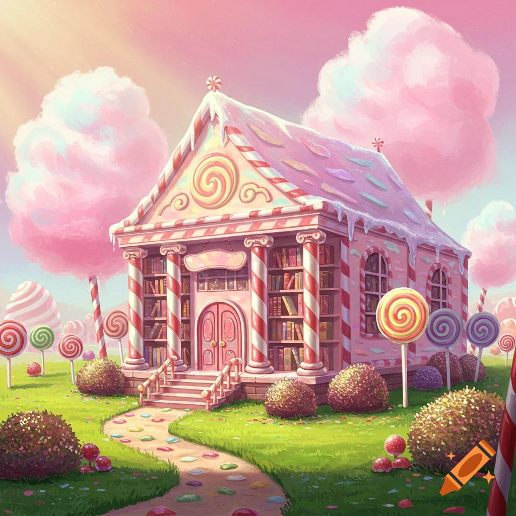 A whimsical, illustrative candy house with lollipop pillars and a frosted roof in a bright, green landscape with cotton candy clouds.