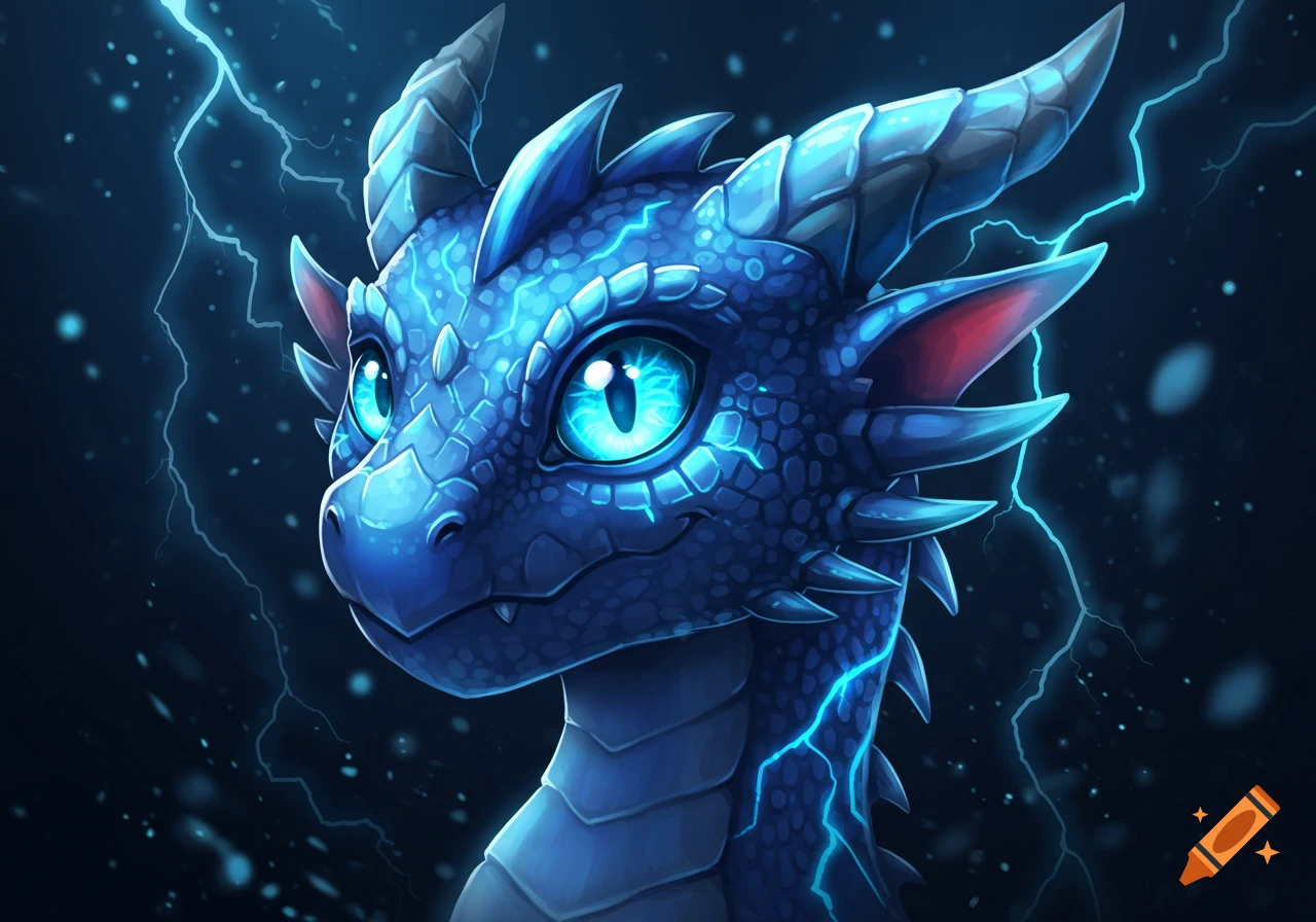 Close-up of a cute, stylized blue lightning wyvern with glowing neon-blue eyes and scales, surrounded by electric sparks and lightning.