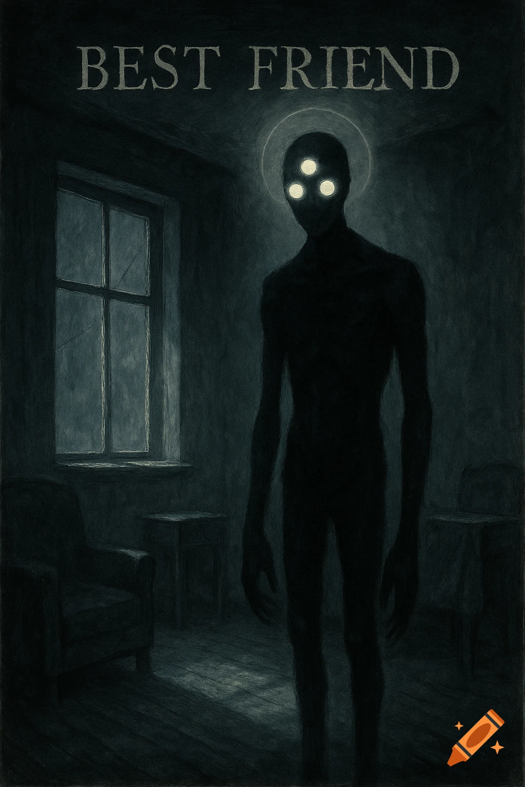 A shadowy, thin humanoid creature with three glowing eyes and a halo stands in a dark room with a window. Text at top reads 'BEST FRIEND'. Dark horror illustration.