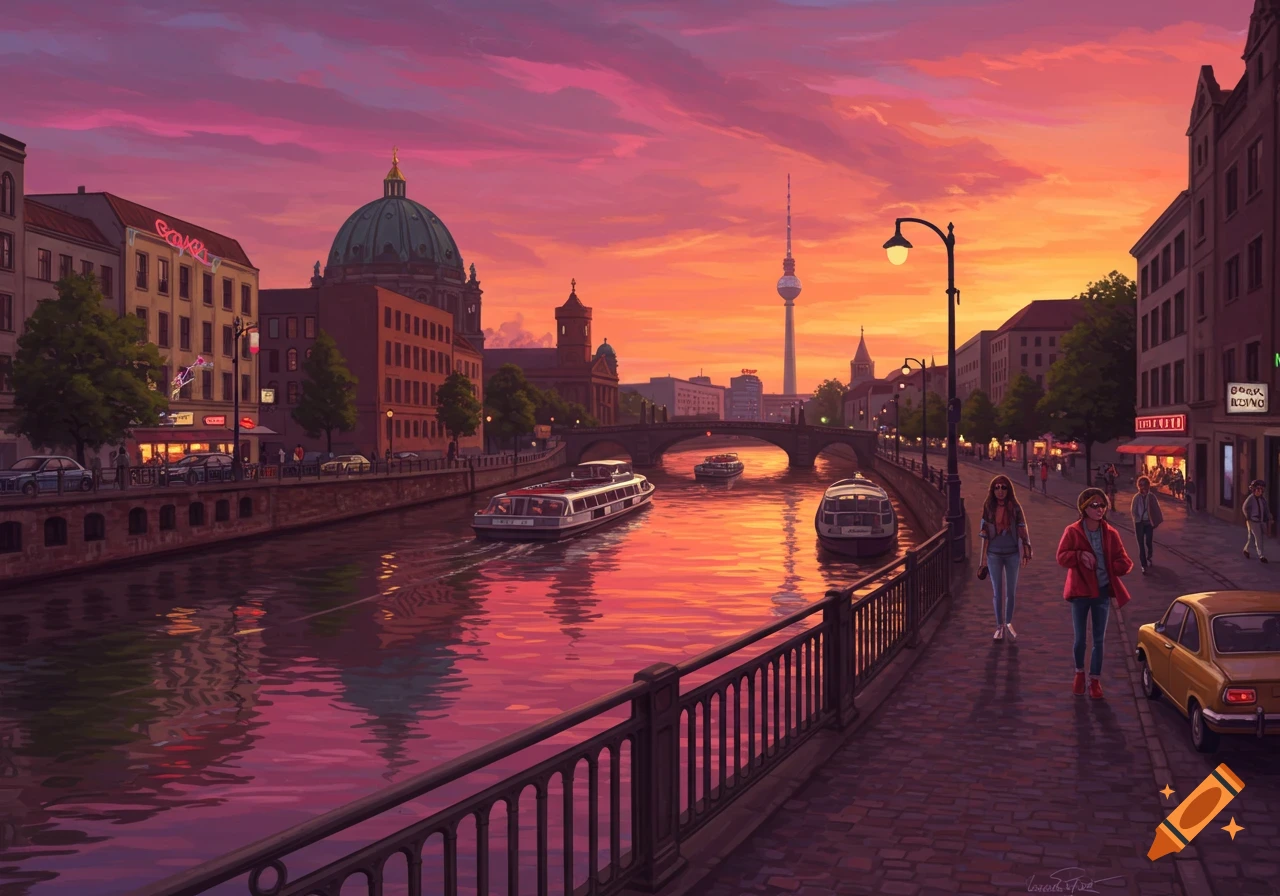 A retro illustration of Berlin at sunset, showing the River Spree with boats, buildings, and the TV Tower under a colorful sky.