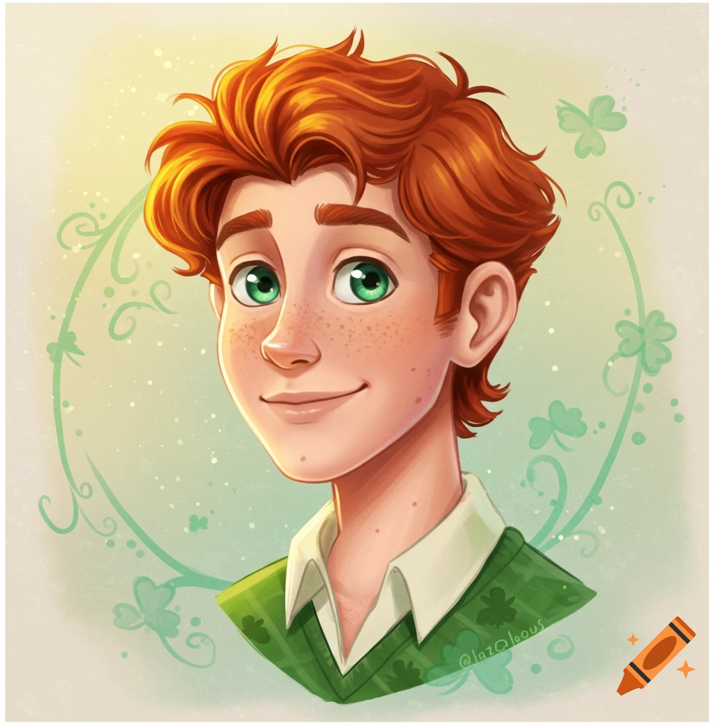 A smiling young man with fiery red hair, green eyes, and freckles, wearing a green sweater over a collared shirt, in a Disney-style animated portrait, with subtle green shamrock-like vines in the background.