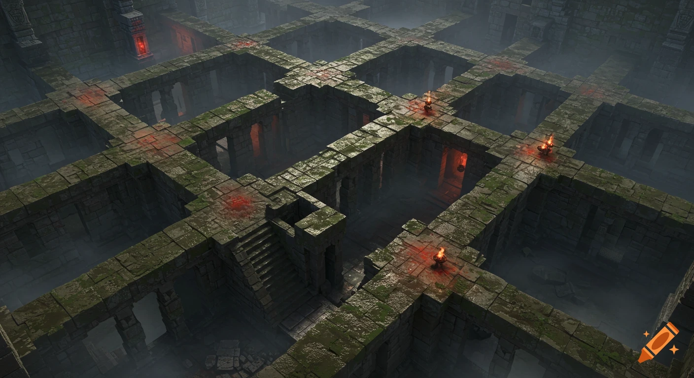 An atmospheric, realistic top-down view of an ancient stone labyrinth with mossy walls, low mist, and a warm reddish glow from scattered lights.
