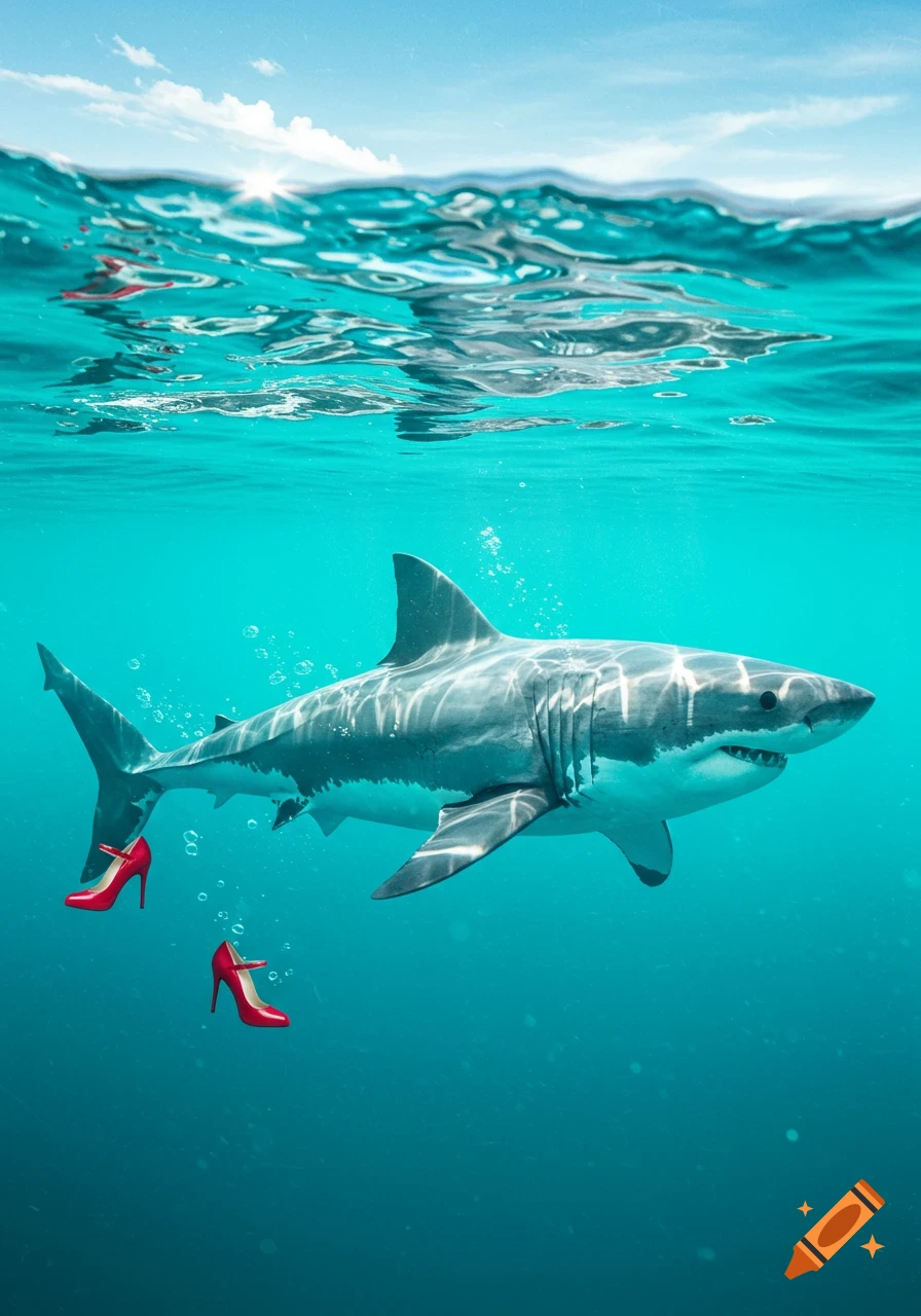 A photorealistic great white shark swims underwater, with two bright red high heels floating near its tail.
