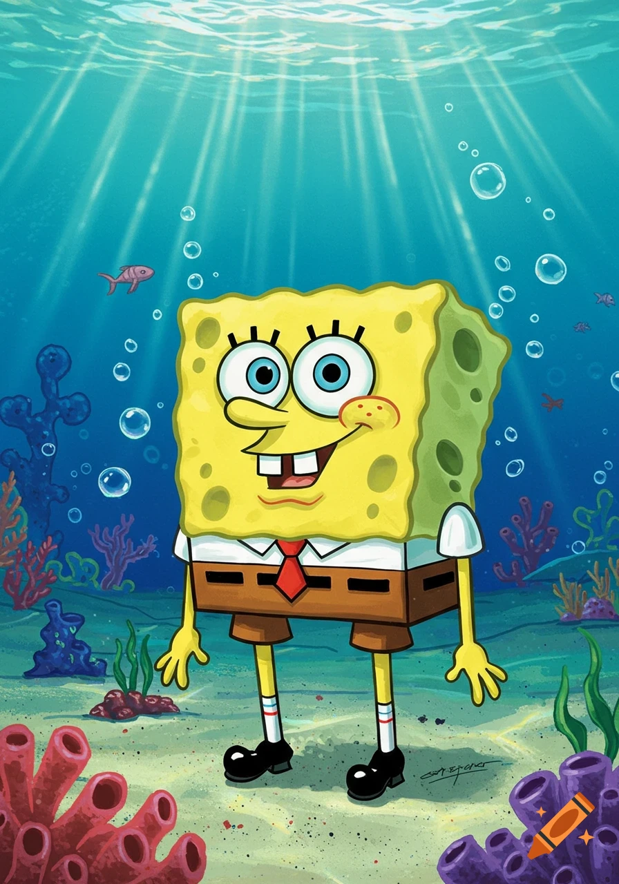 Spongebob Squarepants stands underwater with a happy expression, surrounded by coral, fish, and bubbles.