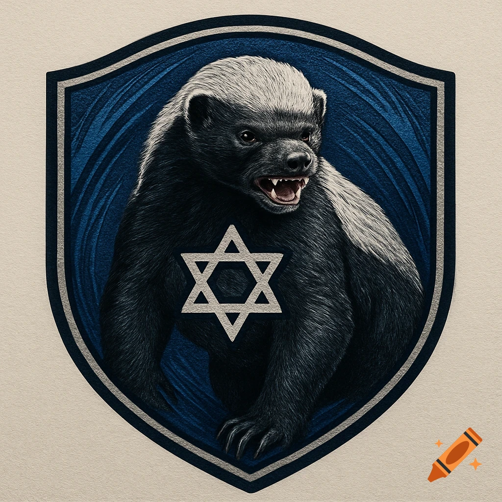 A detailed illustration of a honey badger snarling, set within a blue and silver shield, with a Star of David symbol on its chest.