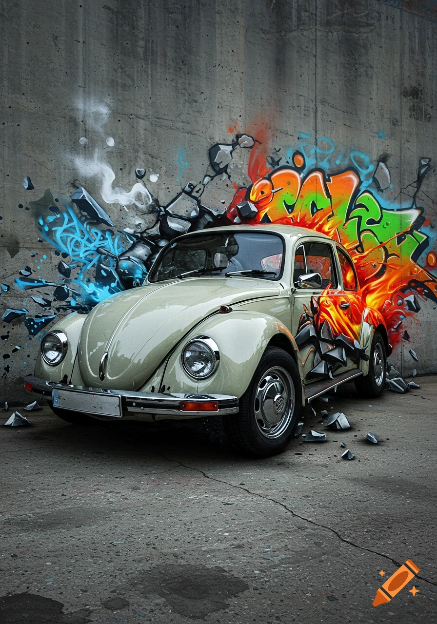 A light green Volkswagen Beetle against a concrete wall with colorful graffiti art appearing to explode from the car.