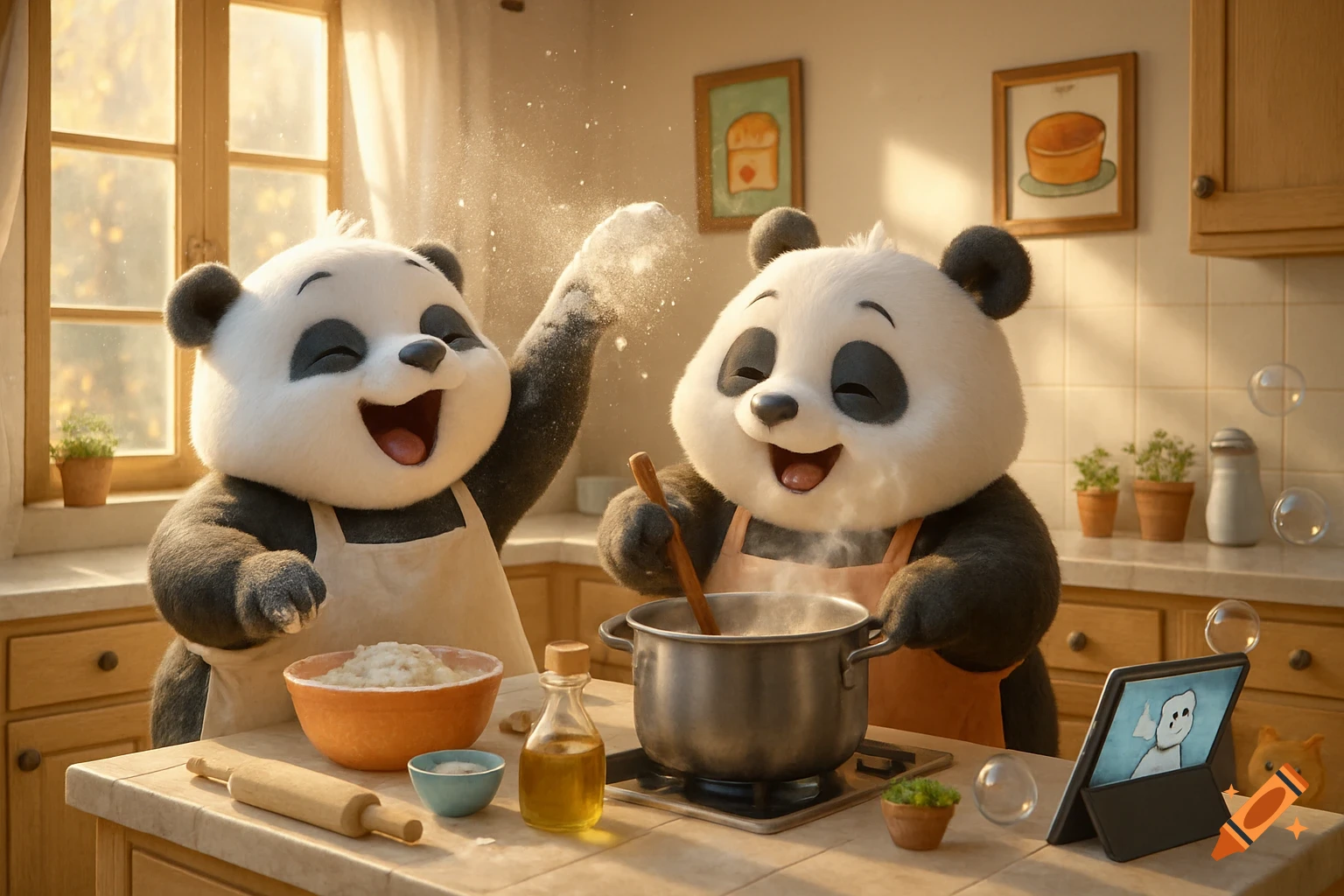 Two cheerful 3D animated cartoon pandas cook in a warm kitchen, one stirs a pot, the other sprinkles flour.