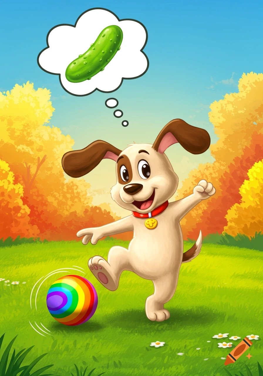 A whimsical cartoon puppy plays with a rainbow ball in a field with autumn trees, dreaming of a pickle.