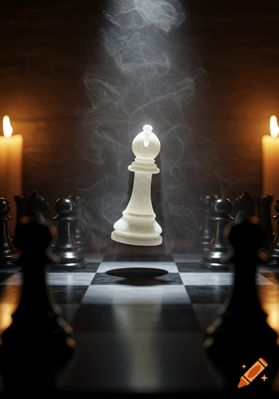 A translucent white bishop floats above a chessboard amidst smoke, flanked by lit candles, surrounded by dark chess pieces.
