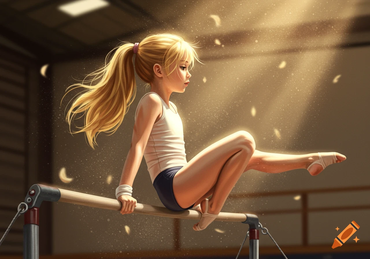 A young girl with a blonde ponytail performs on gymnastic bars in a sunlit gym, in a digital art style.