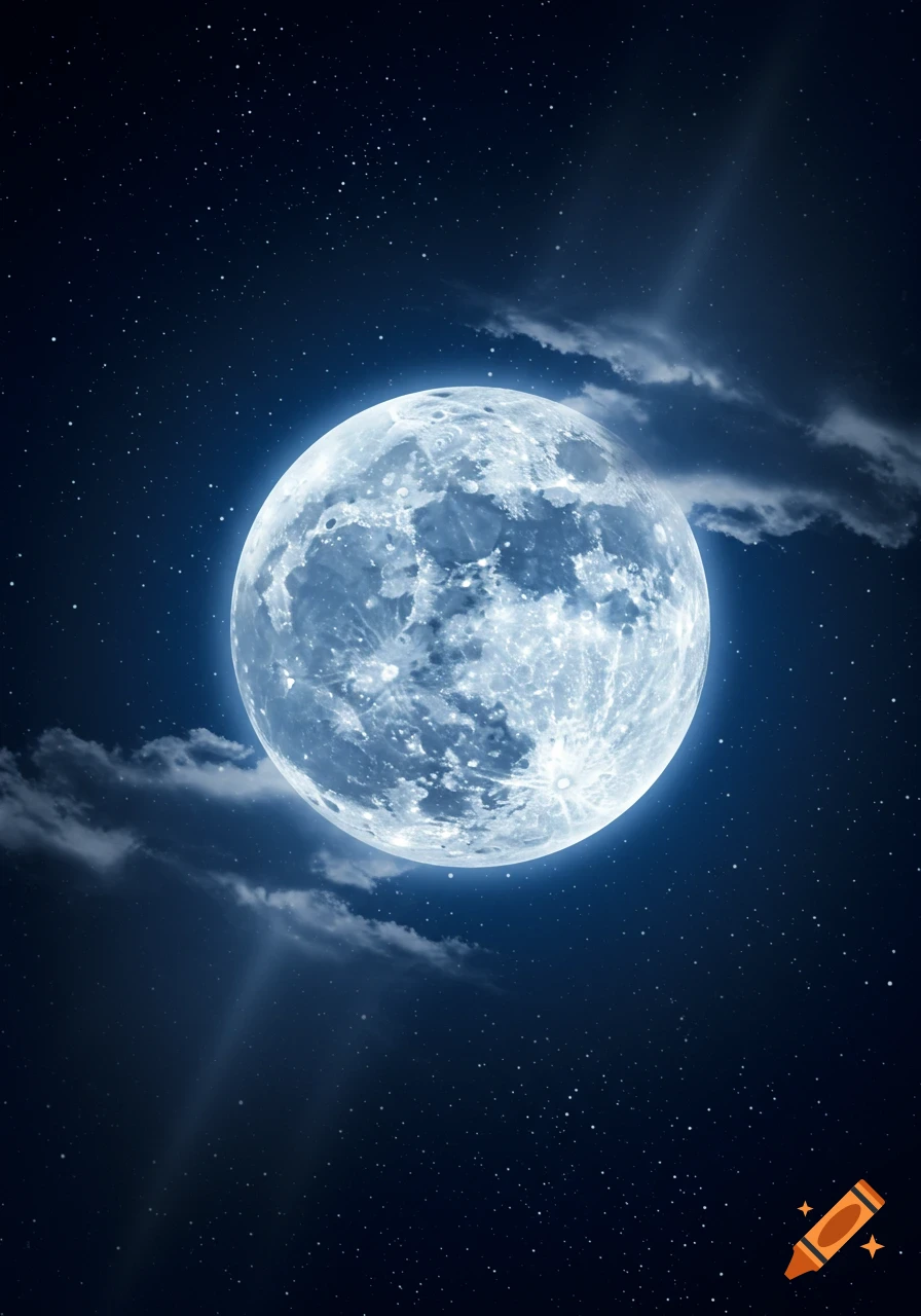 A bright, glowing full moon against a dark, starry night sky with subtle wisps of cloud.