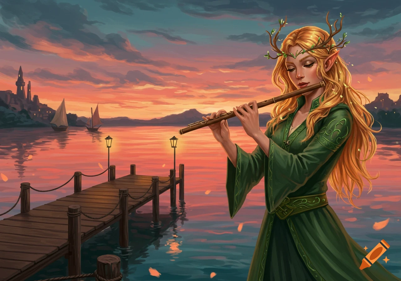 A golden-haired wood elf in a green dress plays a flute on a wooden dock at sunset, with a lake, mountains, and a distant town.