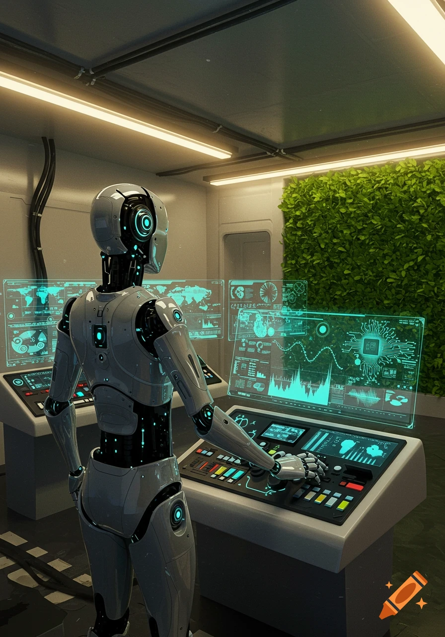 A white robot operates futuristic glowing control panels with holographic screens displaying data in a room with a green living wall.