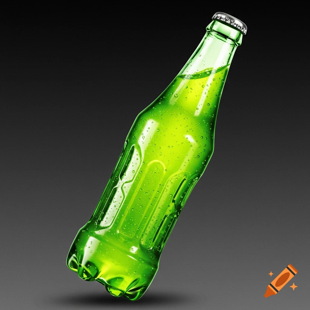 Photorealistic green beverage bottle with condensation, isolated on a dark grey gradient background.