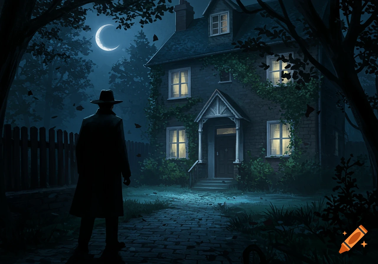 A man in a trench coat stands under a crescent moon, looking at a cozy, ivy-covered house at night in a stylized illustration.