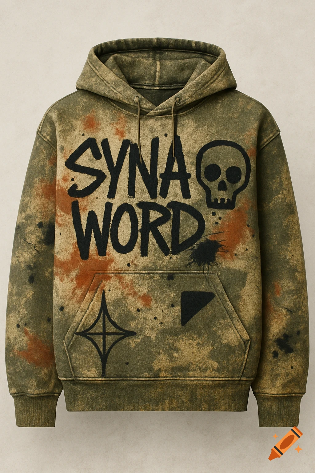 A distressed olive green streetwear hoodie featuring 'SYNA WORD' graffiti text, a skull, spray paint splatters, and geometric shapes.