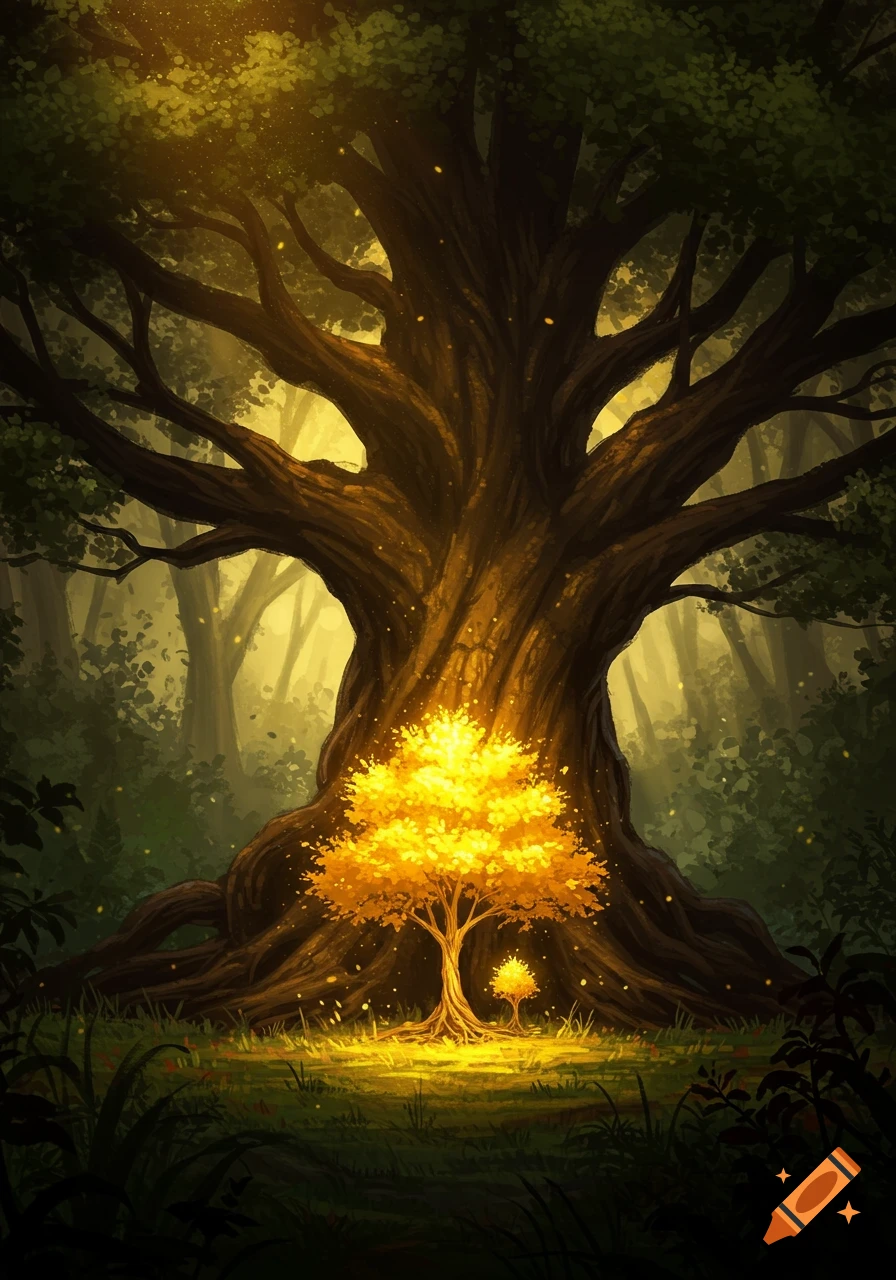 Digital painting of a mystical forest with a colossal, dark tree and a smaller, radiant golden tree glowing at its base.