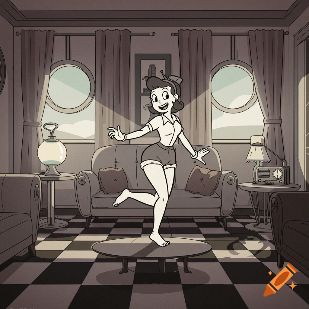 A smiling rubber hose style cartoon woman dances on a coffee table in a retro black-and-white living room.