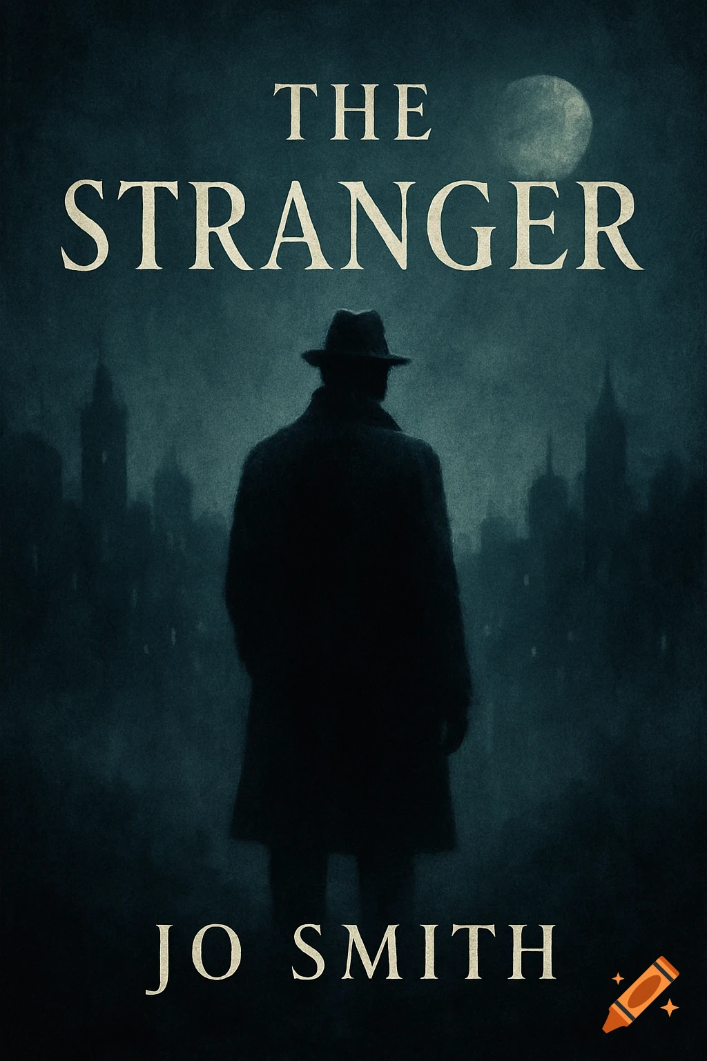 A dark, textured book cover featuring a silhouette of a person in a fedora and trench coat, standing before a hazy city skyline and a full moon, with the title "THE STRANGER" and author "JO SMITH".