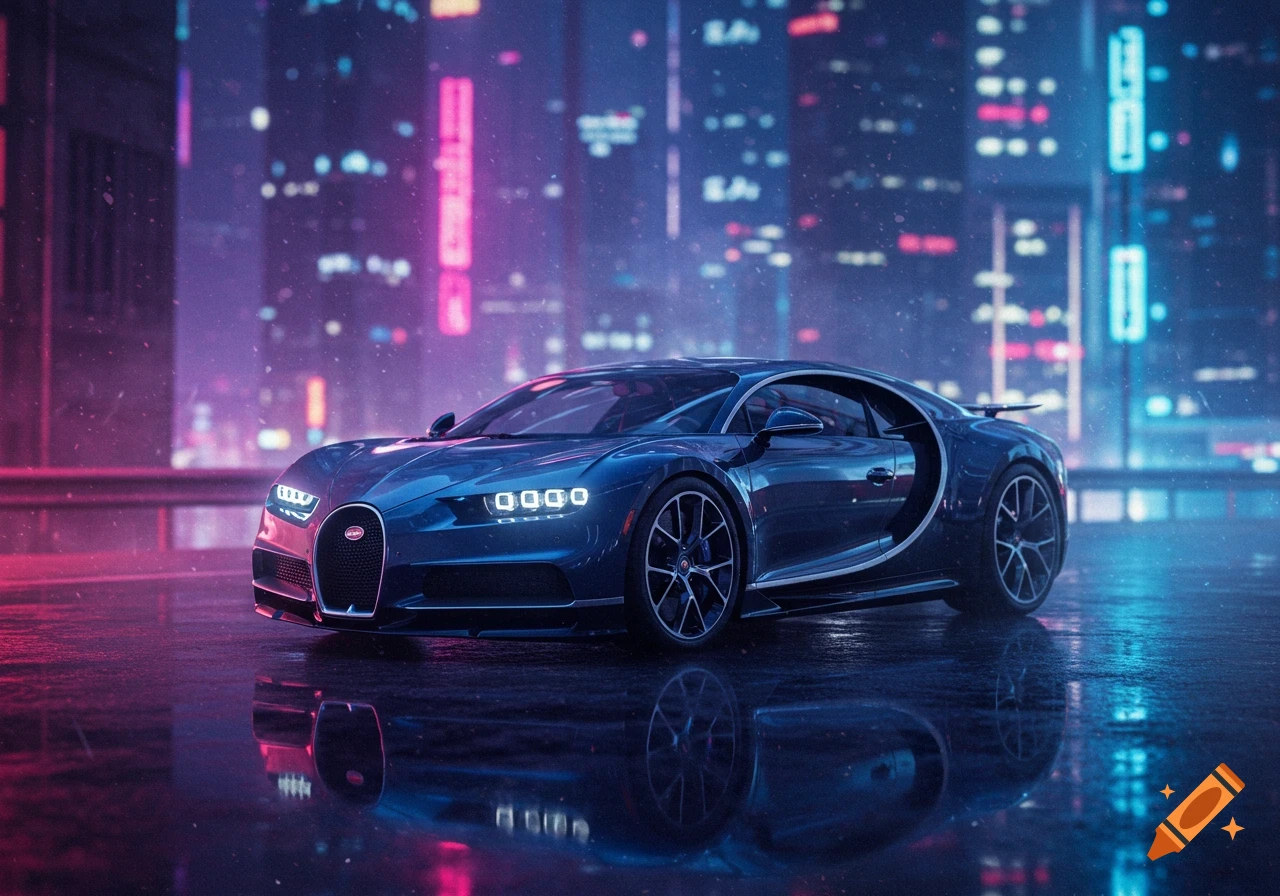 A blue Bugatti Chiron sports car is parked on a wet street at night, reflecting neon lights from a futuristic city skyline.