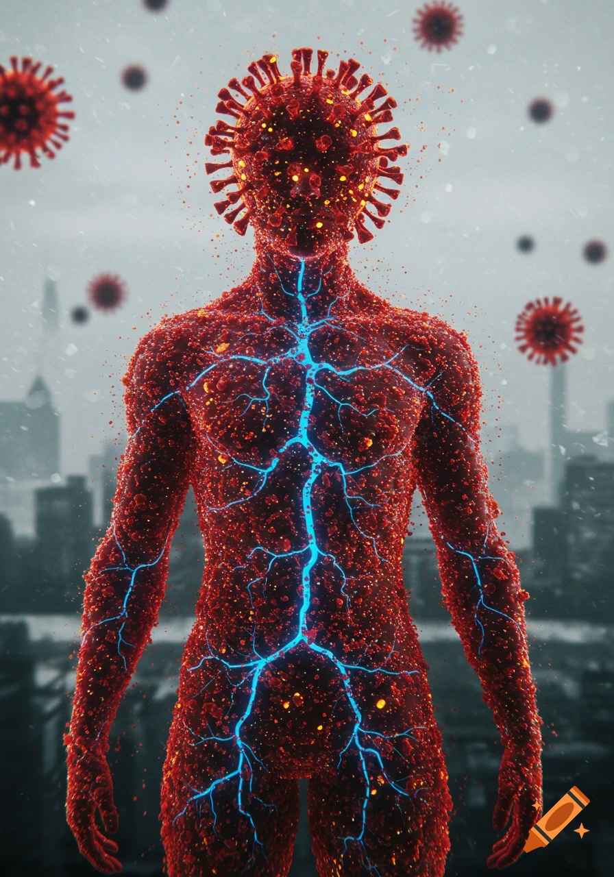 A conceptual art image of a human figure composed of red virus-like particles and glowing blue veins, with a blurred cityscape in the background.