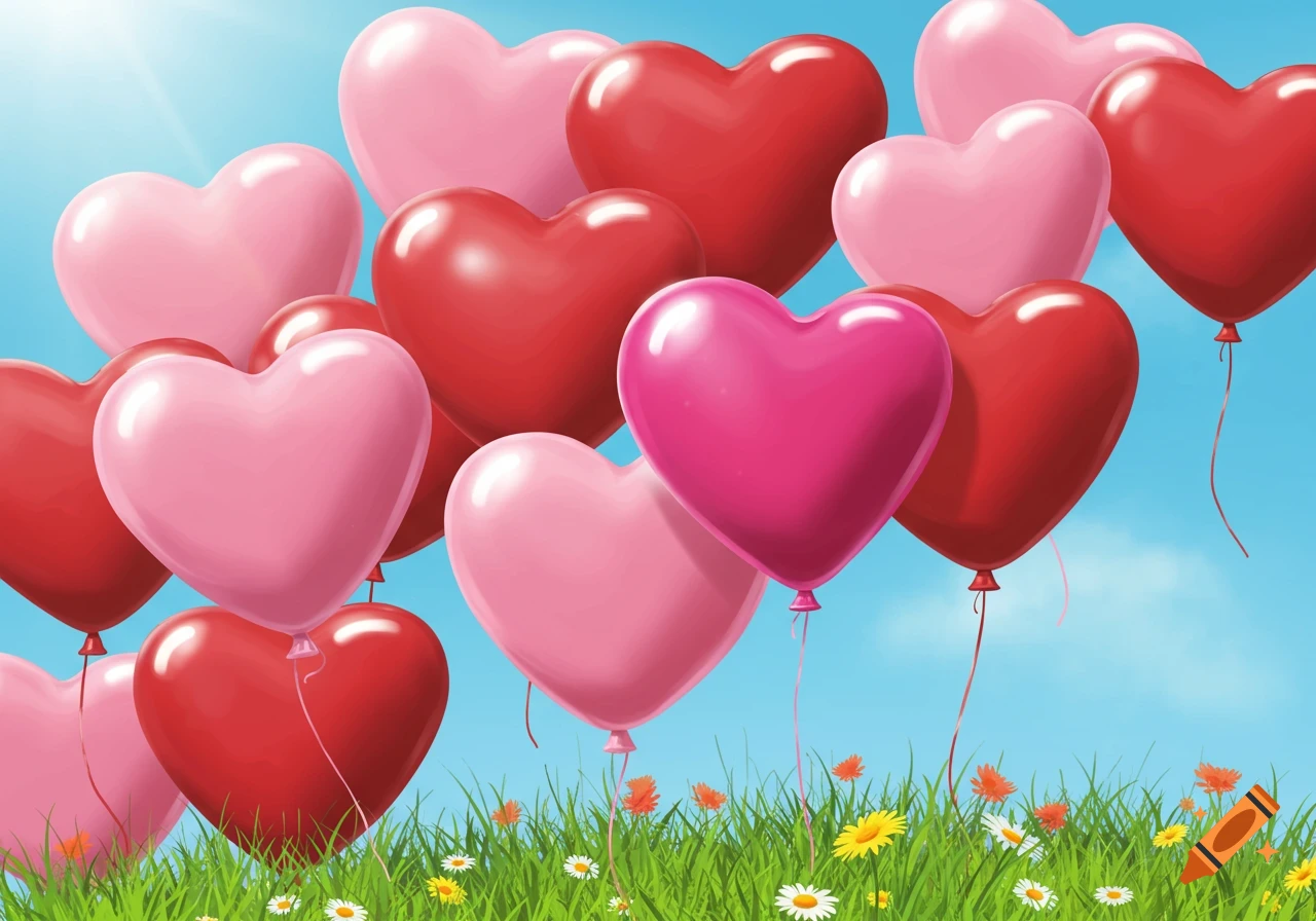 Pink and red heart-shaped balloons float above a field of green grass with small colorful flowers under a bright blue sky.
