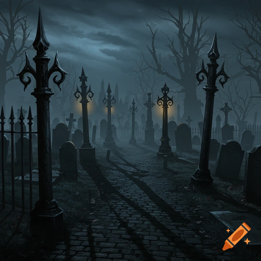 A dark and misty gothic graveyard at night, with ornate metal poles lighting a cobblestone path surrounded by tombstones and bare trees.