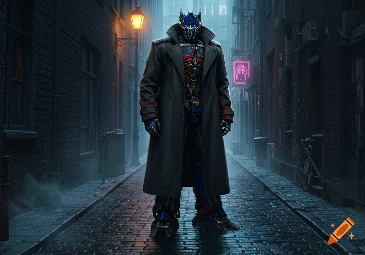 Optimus Prime in a long trench coat stands in a dimly lit, foggy cobblestone alley at night.