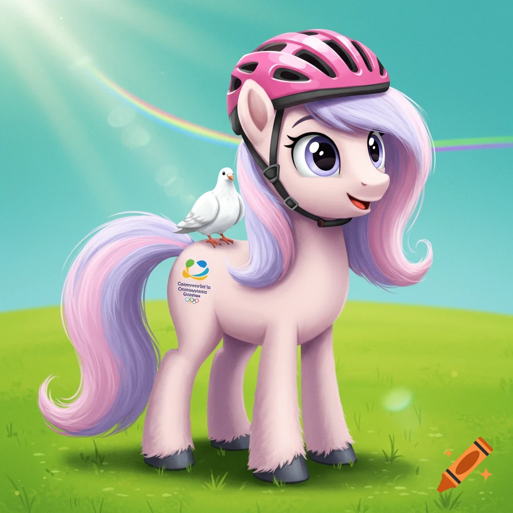 A pink cartoon pony wearing a pink cyclist helmet, with a white dove on its back, stands in a green field under a rainbow.