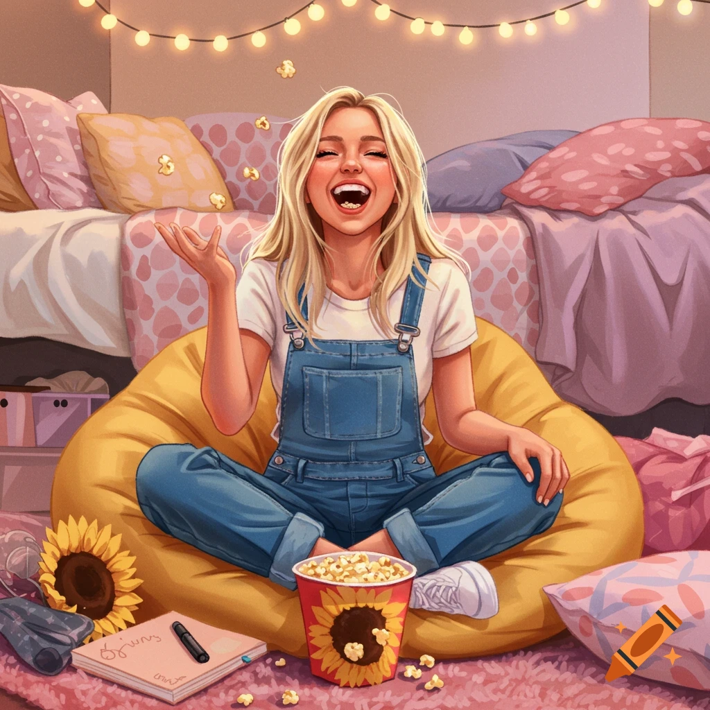 A blonde woman in overalls sits cross-legged on a beanbag chair, laughing and tossing popcorn, surrounded by pillows and string lights.
