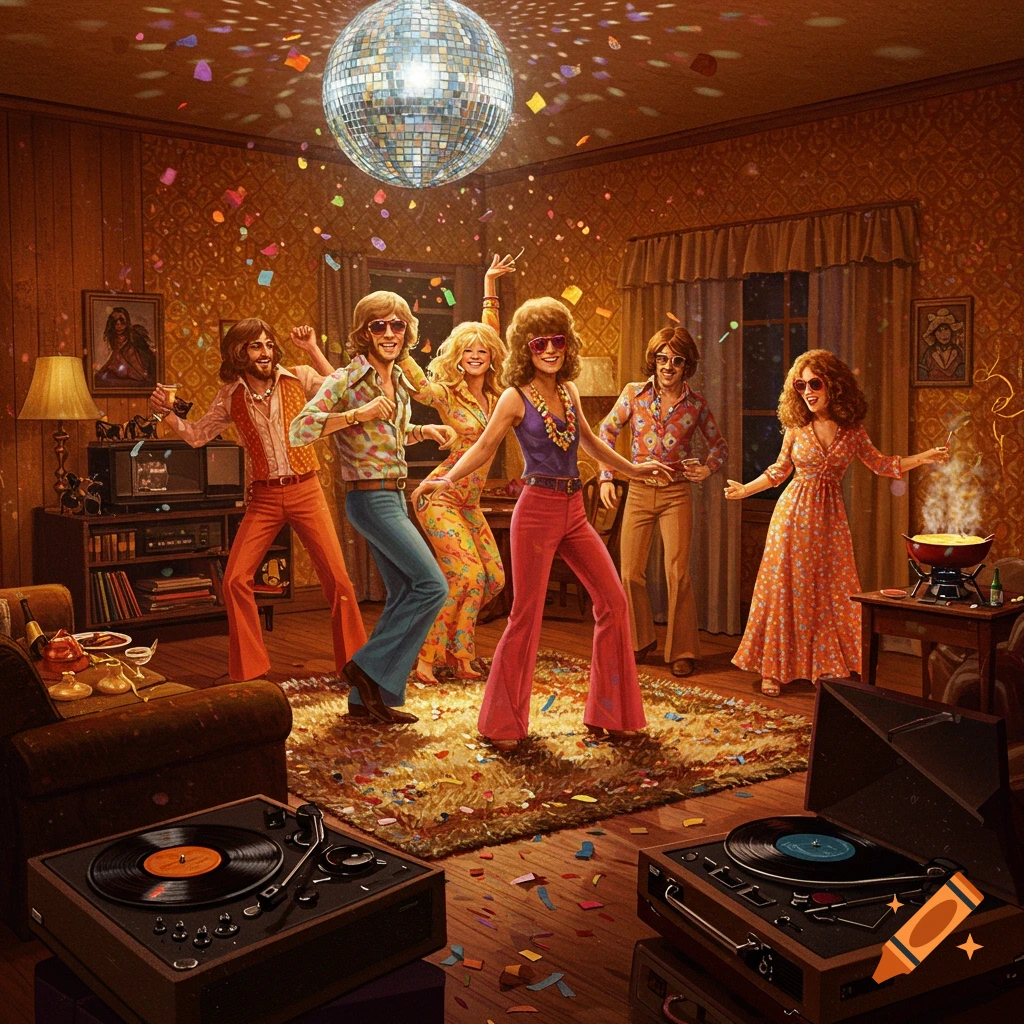 A vibrant 1970s disco party in a cozy living room, with people dancing under a shimmering disco ball and falling confetti.
