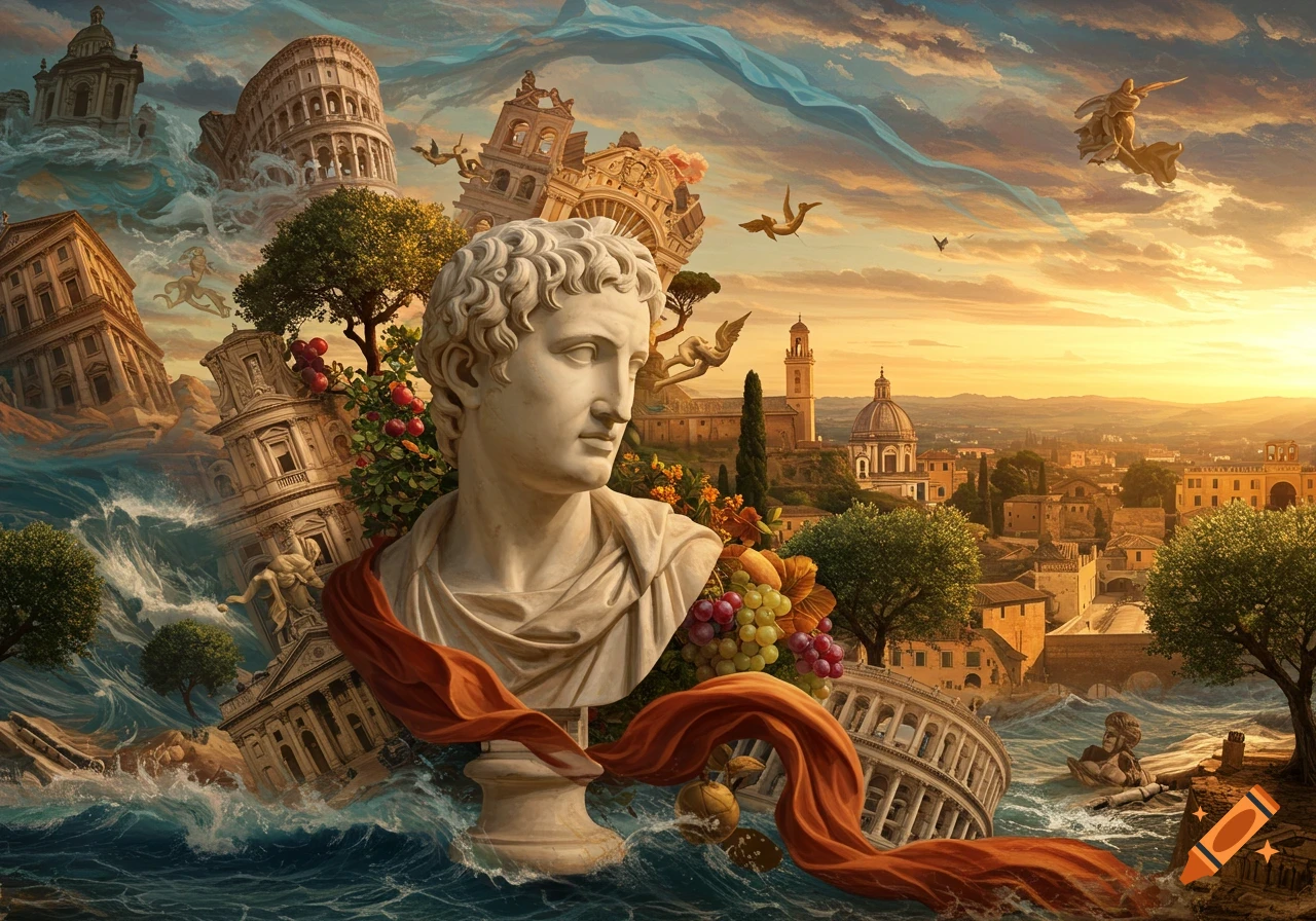 A surreal, painterly scene featuring a classical male bust surrounded by iconic Italian landmarks, ruins, waves, and a dramatic sunset sky.
