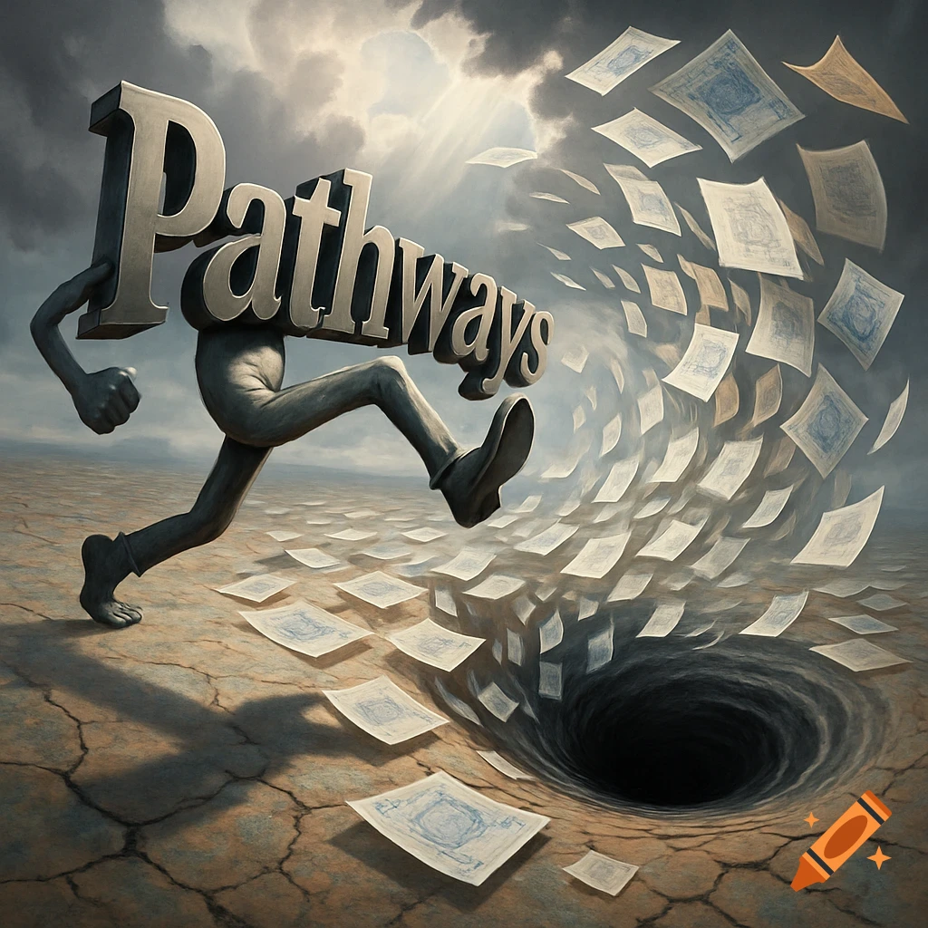A large 3D word 'Pathways' with arms and legs runs across cracked ground, kicking papers into a dark vortex under a dramatic sky.