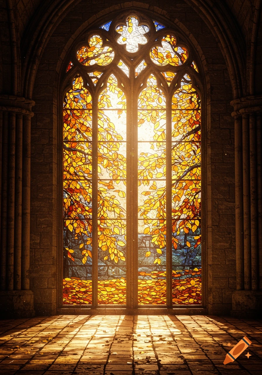 Sunlight streams through a gothic stained glass window depicting autumn leaves, illuminating a stone floor.