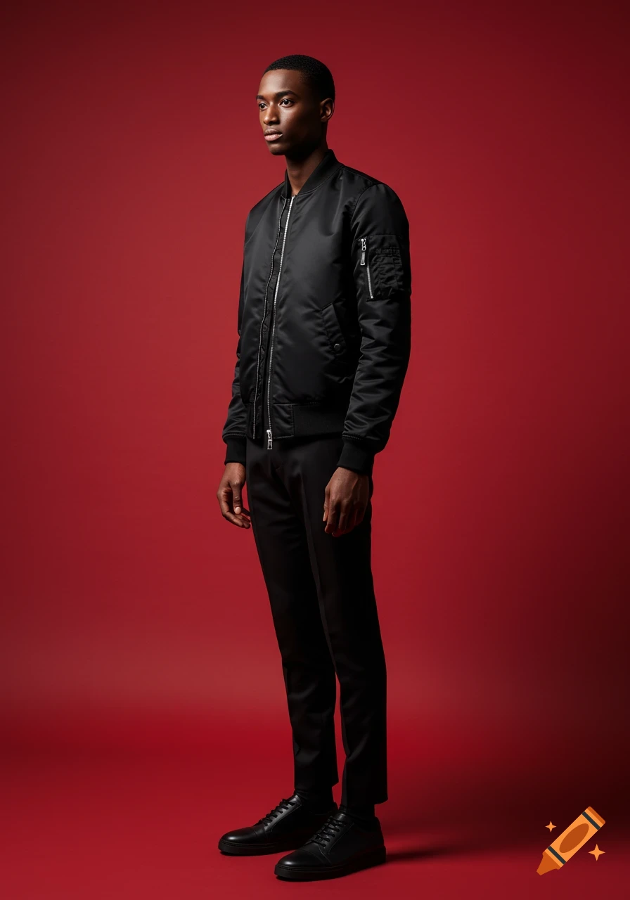 Photorealistic portrait of a young Black man wearing a black bomber jacket and black pants, standing against a vibrant red background.