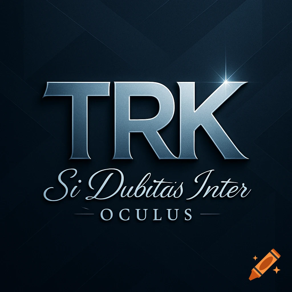 A sleek logo with metallic "TRK" and elegant script "Si Dubitas Inter Oculus" on a dark background.