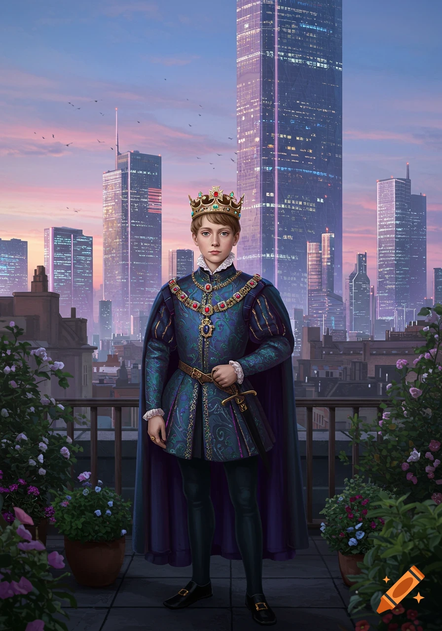 A young king in ornate blue and gold royal attire stands on a rooftop balcony overlooking a modern city skyline at sunset, photorealistic.